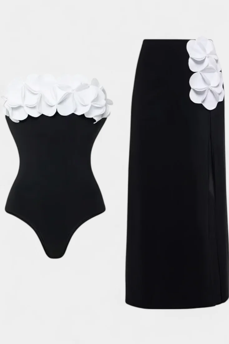Ahria Conjunto de Bañador con Flores 3D y Falda Envolvente