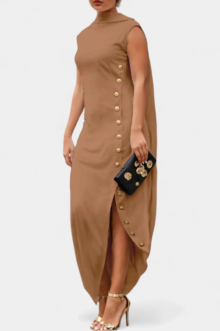 Aphrodite Vestido Asimétrico con Botones Dorados Decorativos - Image 6