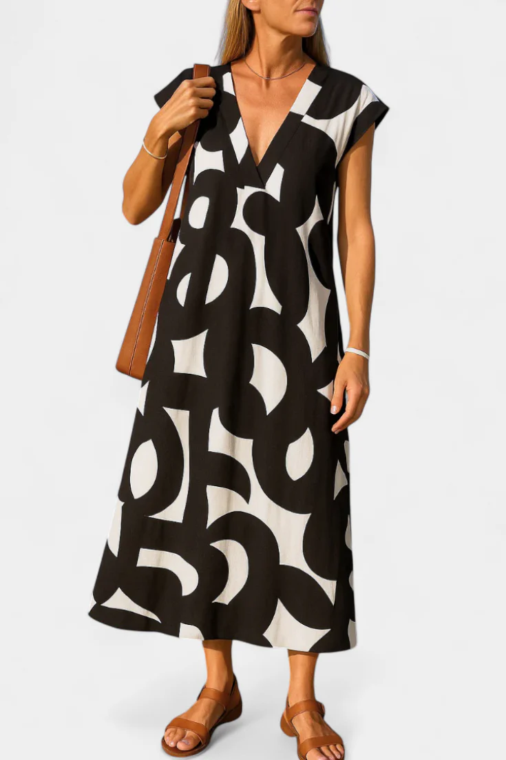 Asela Vestido Casual con Escote en V y Estampado Mixi