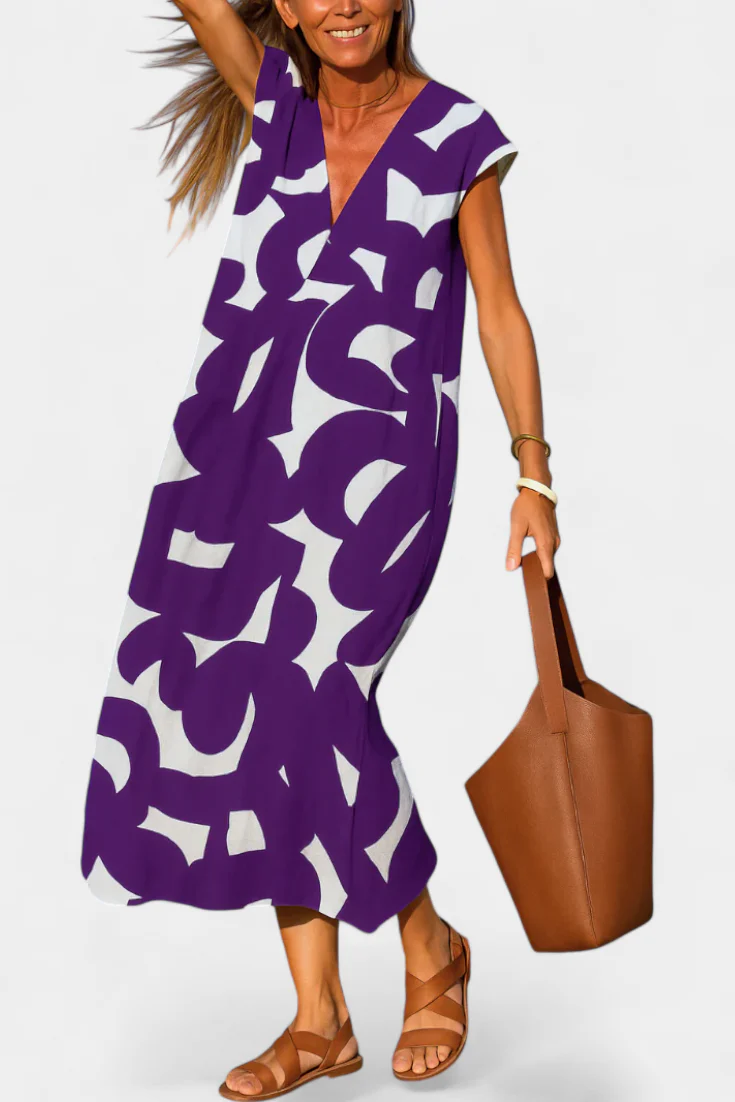 Asela Vestido Casual con Escote en V y Estampado Mixi - Image 7