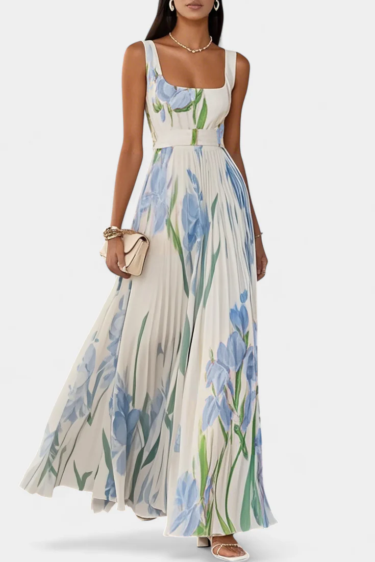 Calanthe Vestido Largo Floral Plisado con Escote Cuadrado - Image 4