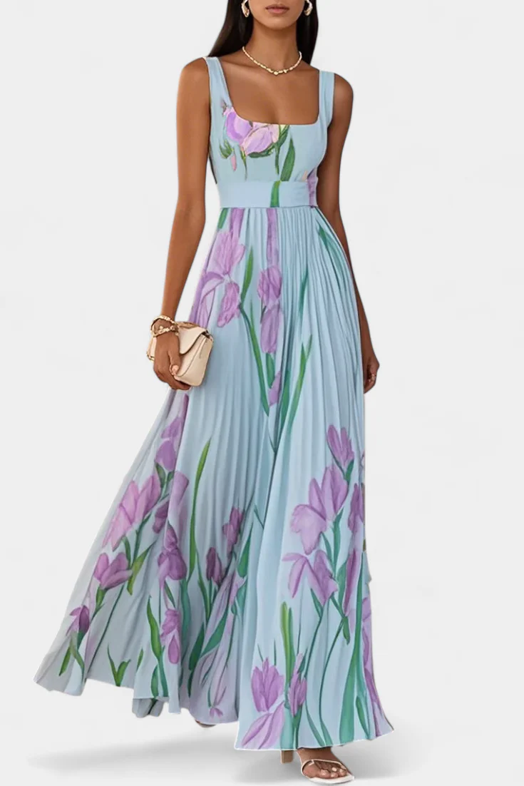 Calanthe Vestido Largo Floral Plisado con Escote Cuadrado - Image 5
