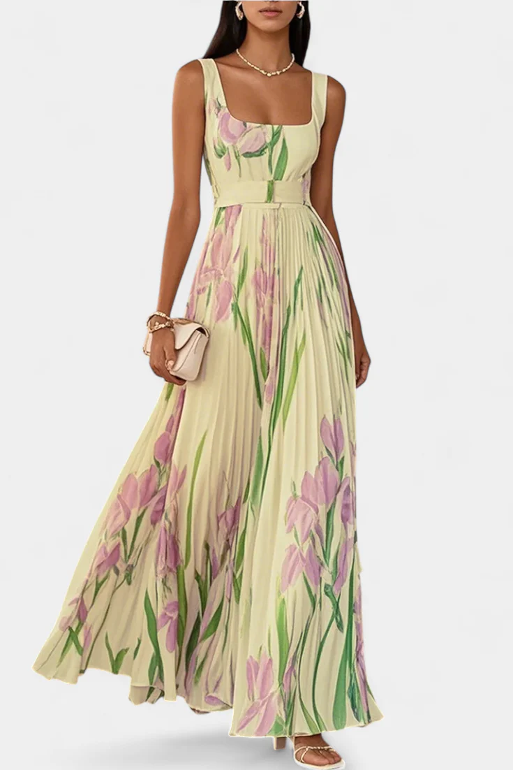 Calanthe Vestido Largo Floral Plisado con Escote Cuadrado - Image 6