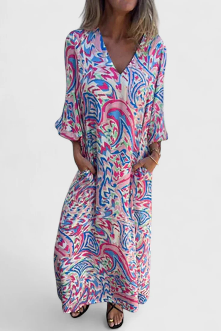 Carmina Vestido Maxi Bohemio con Escote en V y Estampado Abstracto