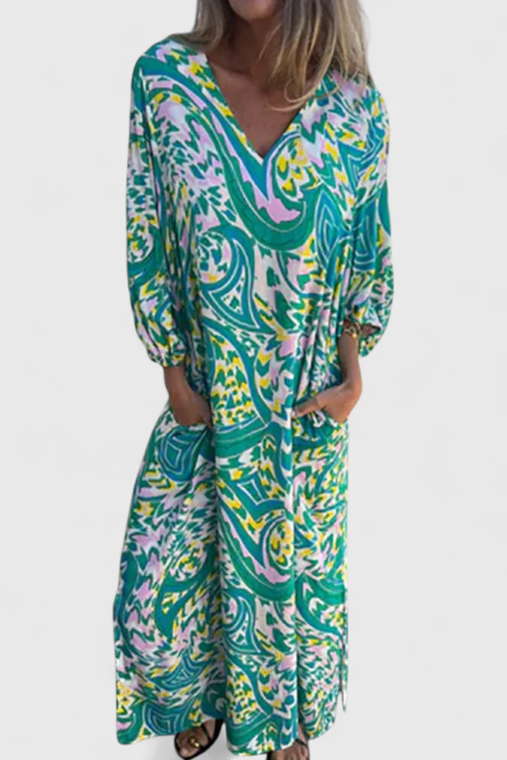 Carmina Vestido Maxi Bohemio con Escote en V y Estampado Abstracto - Image 10