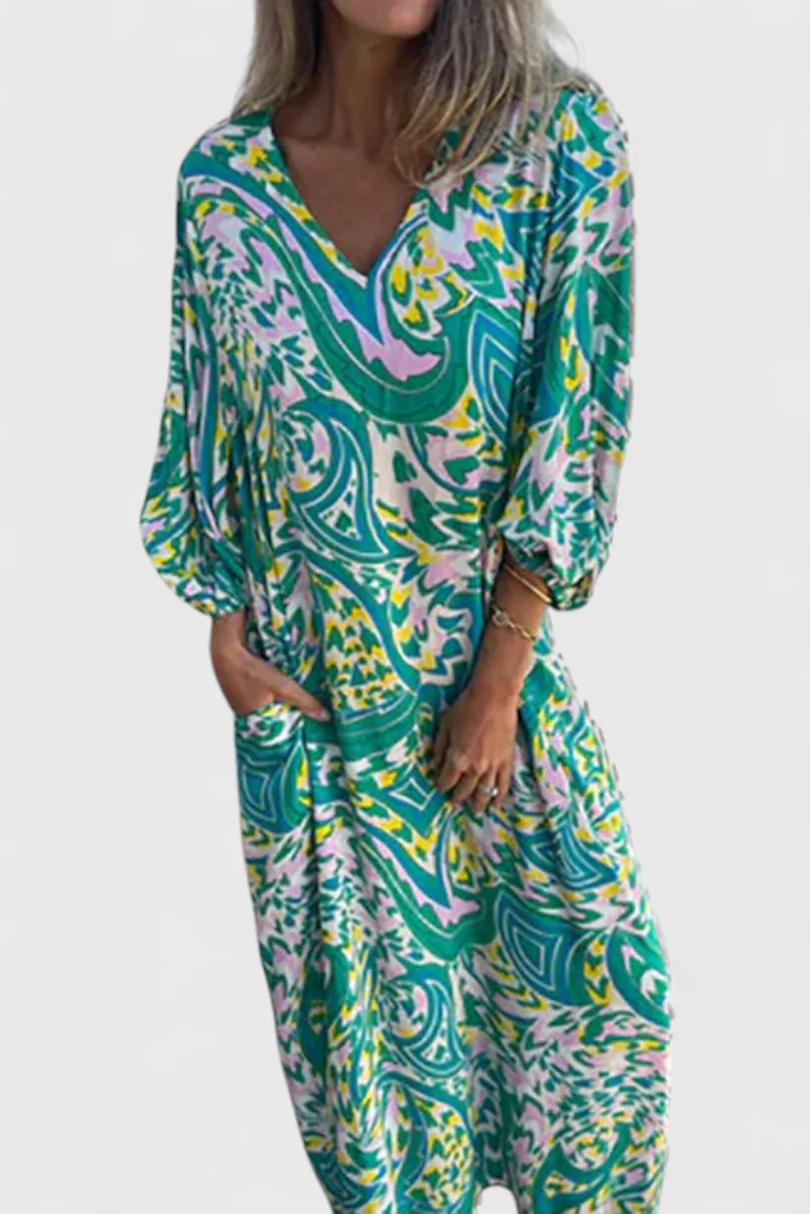 Carmina Vestido Maxi Bohemio con Escote en V y Estampado Abstracto - Image 5