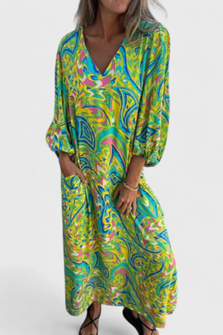 Carmina Vestido Maxi Bohemio con Escote en V y Estampado Abstracto - Image 6