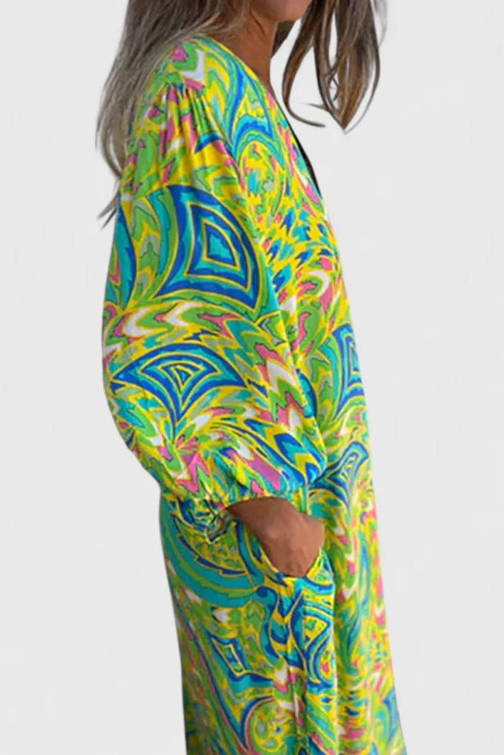 Carmina Vestido Maxi Bohemio con Escote en V y Estampado Abstracto - Image 7