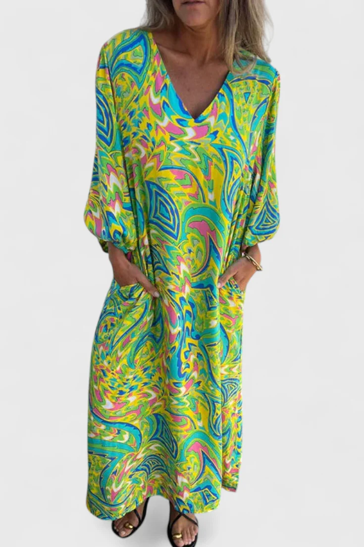 Carmina Vestido Maxi Bohemio con Escote en V y Estampado Abstracto - Image 9