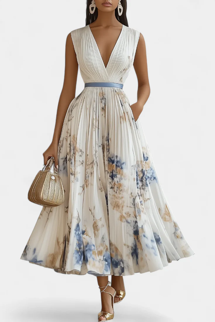 Elise Vestido Midi Sin Mangas con Estampado Floral y Plisado