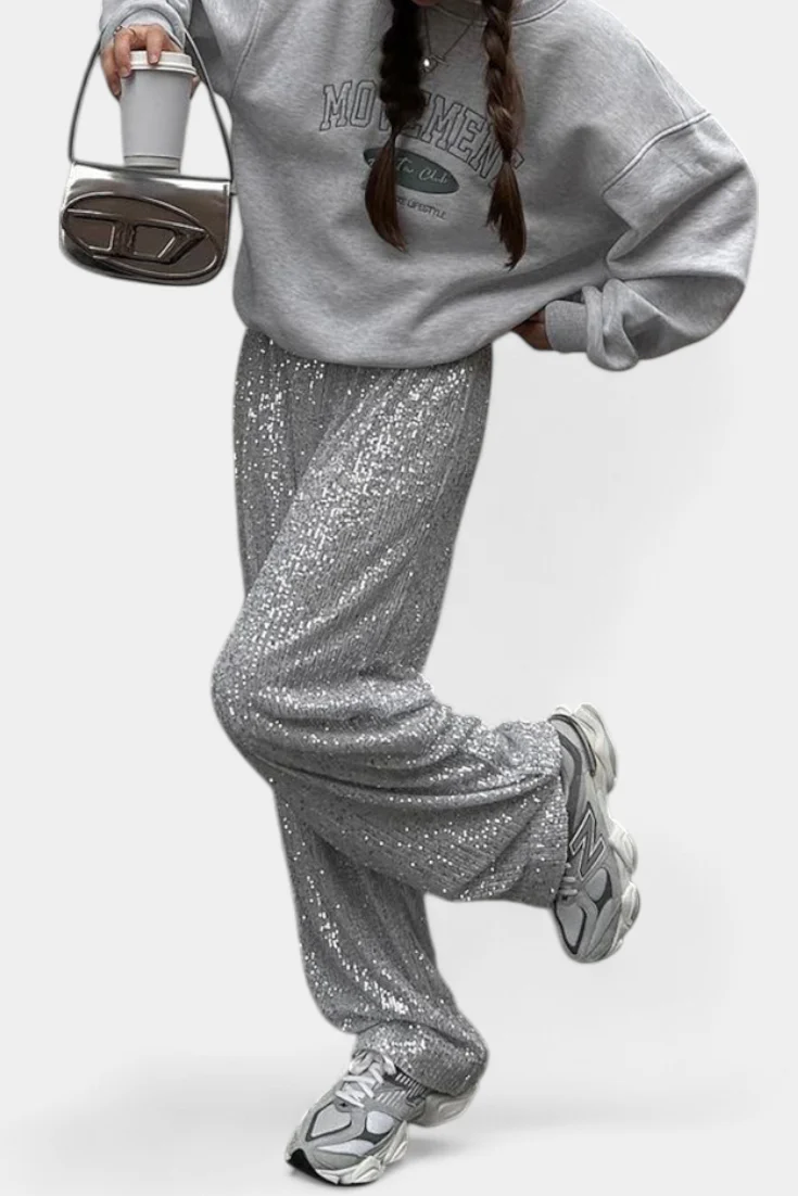 Elva Pantalones de Lentejuelas de Cintura Alta y Corte Holgado - Image 3