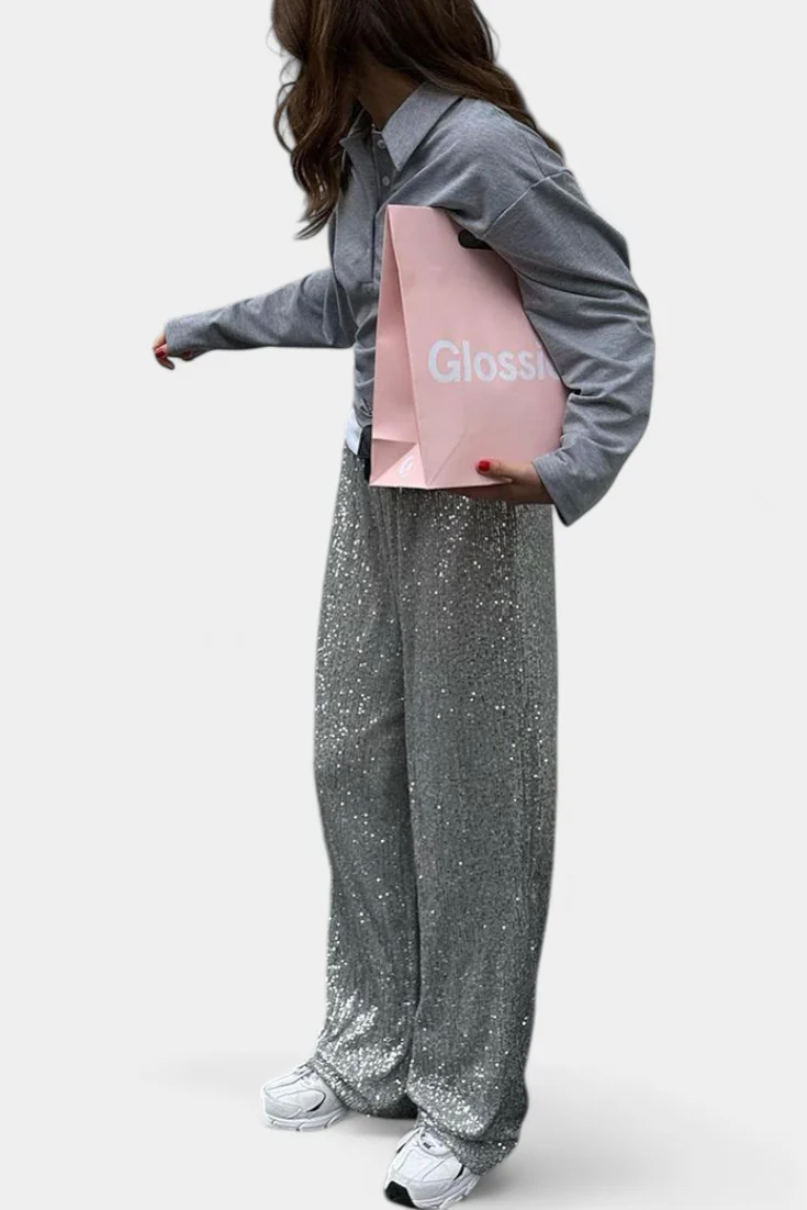 Elva Pantalones de Lentejuelas de Cintura Alta y Corte Holgado - Image 4