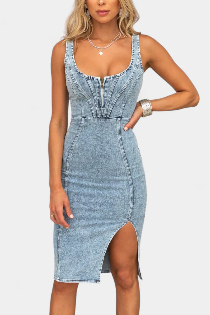 Janessa Vestido Denim con Tirantes Ajustables y Abertura Frontal