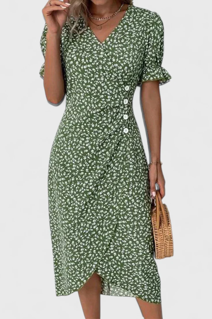 Joana Vestido Midi Floral con Escote en V y Mangas Cortas - Image 3