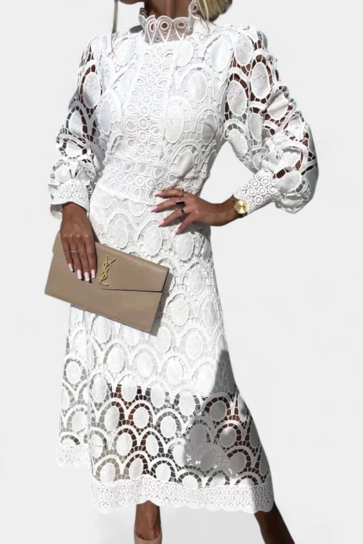 Lucinda Vestido Midi de Encaje con Mangas Farol y Cuello Alto - Image 8