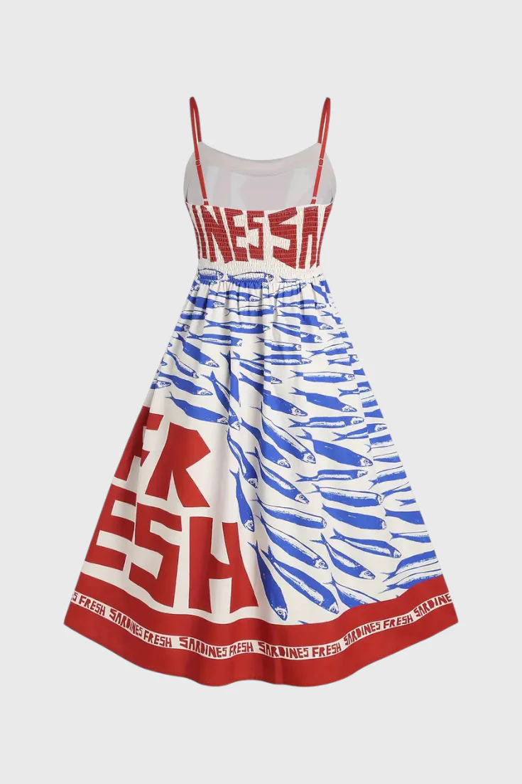 Maricela Vestido Vintage con Tirantes y Estampado de Sardinas - Image 3