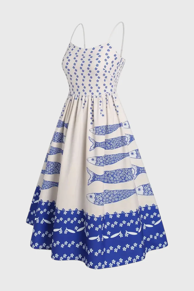 Maricela Vestido Vintage con Tirantes y Estampado de Sardinas - Image 5