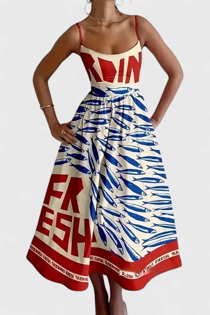 Maricela Vestido Vintage con Tirantes y Estampado de Sardinas - Image 8
