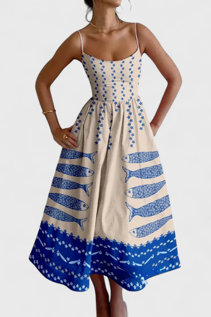 Maricela Vestido Vintage con Tirantes y Estampado de Sardinas - Image 9