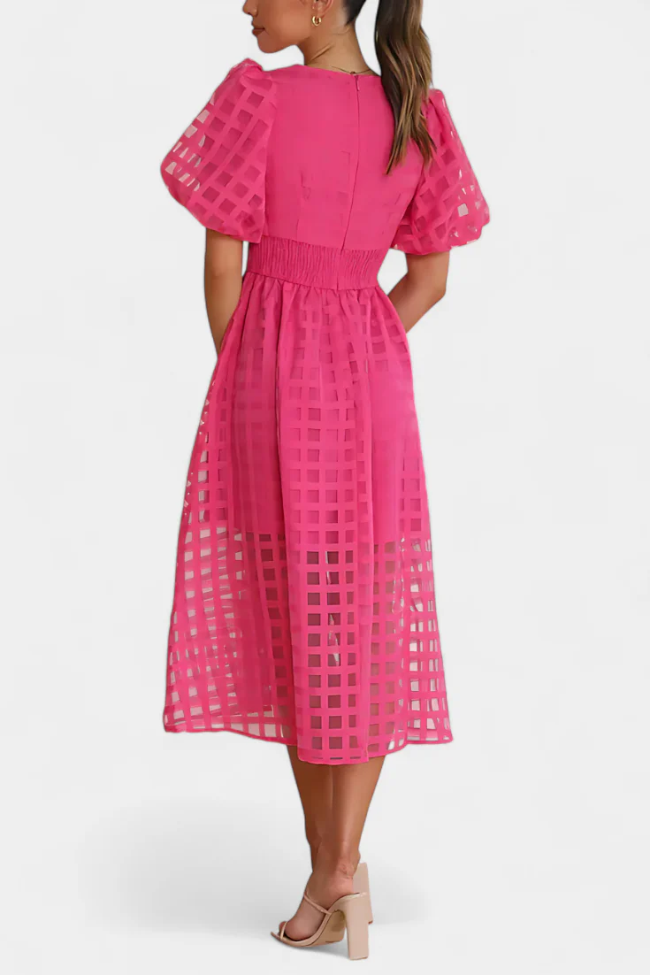 Marigold Vestido Midi de Manga Abullonada con Patrón de Cuadrados - Image 2