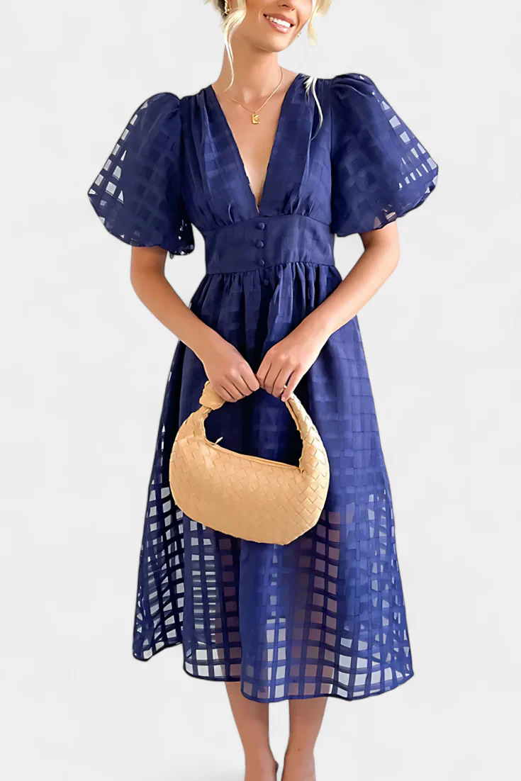 Marigold Vestido Midi de Manga Abullonada con Patrón de Cuadrados - Image 7
