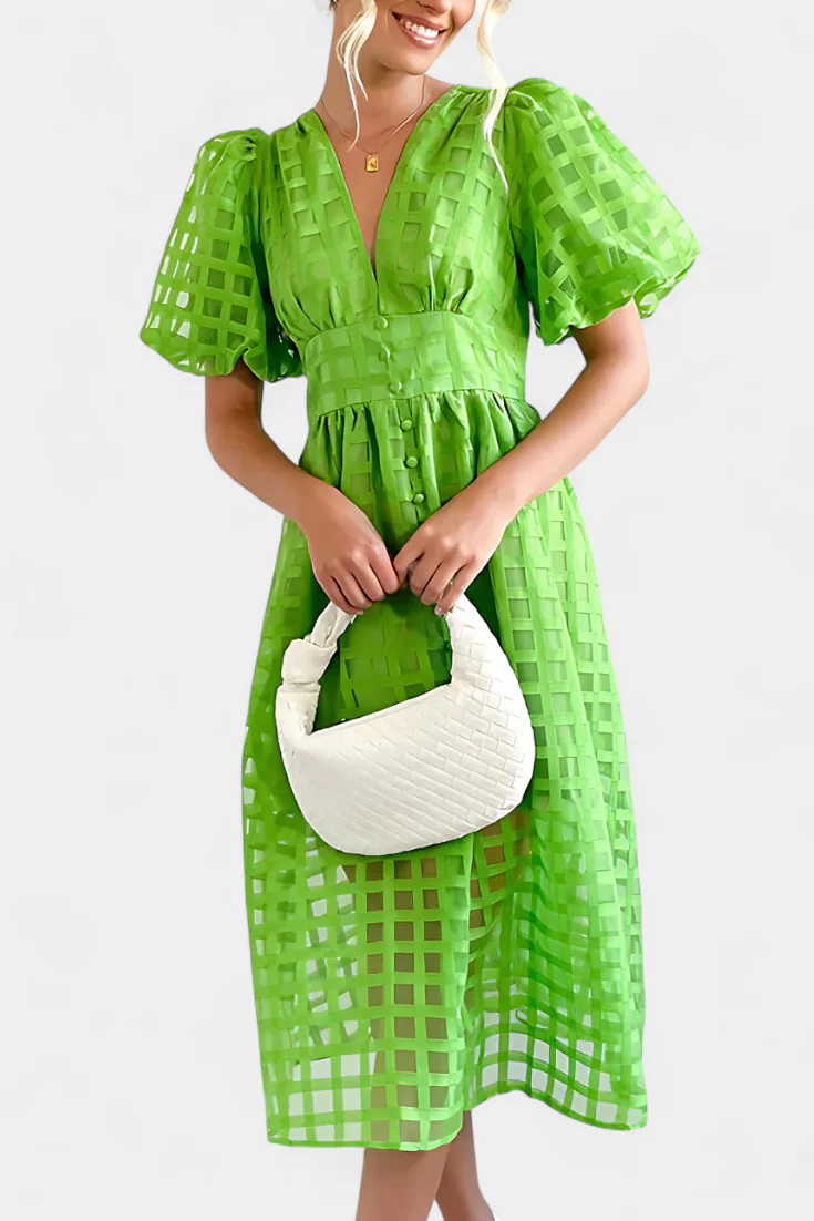 Marigold Vestido Midi de Manga Abullonada con Patrón de Cuadrados - Image 8