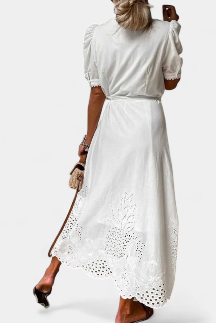Nerea Vestido Camisero Bordado con Cinturón y Manga Abullonada - Image 5