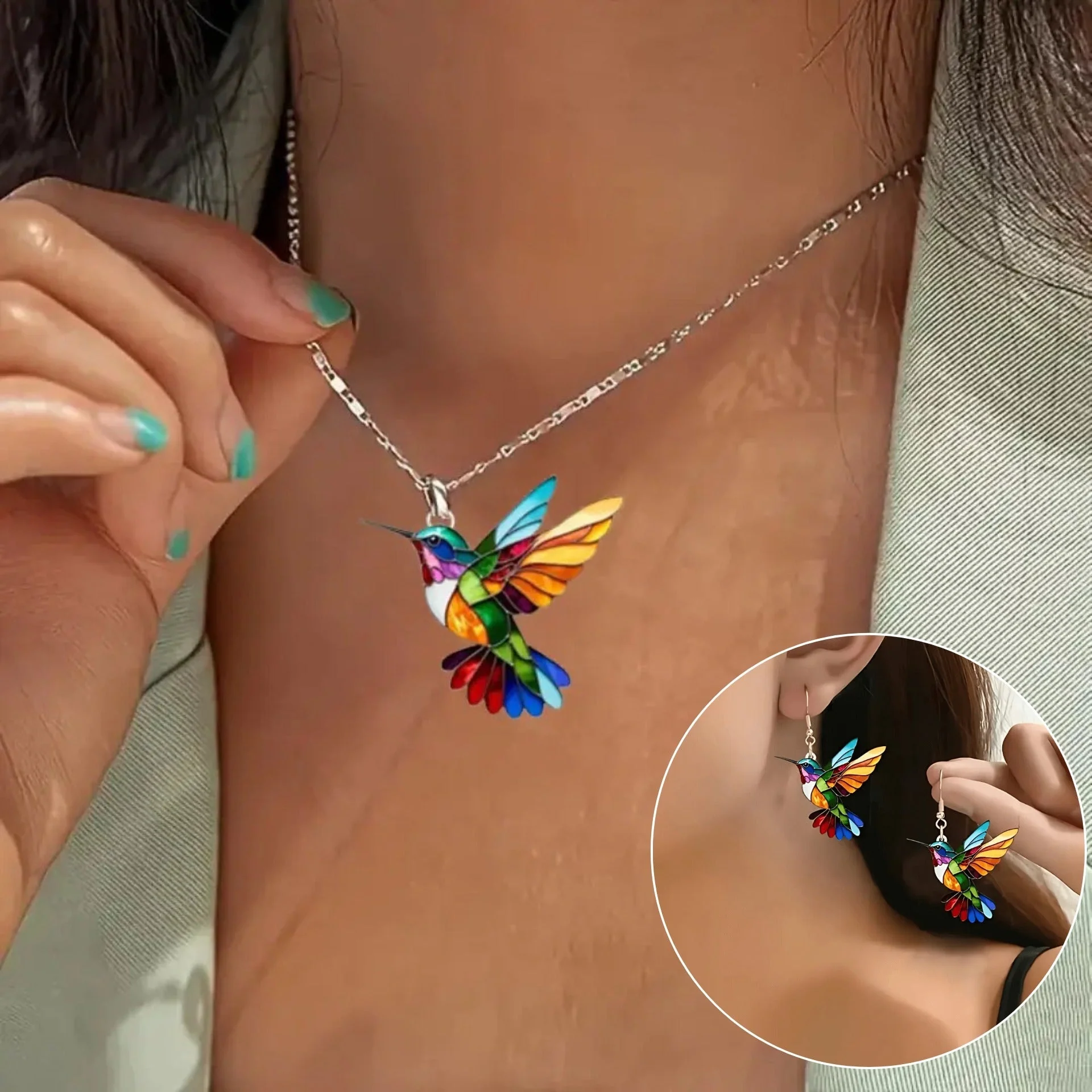 Precioso collar con colibrí y pendientes de regalo