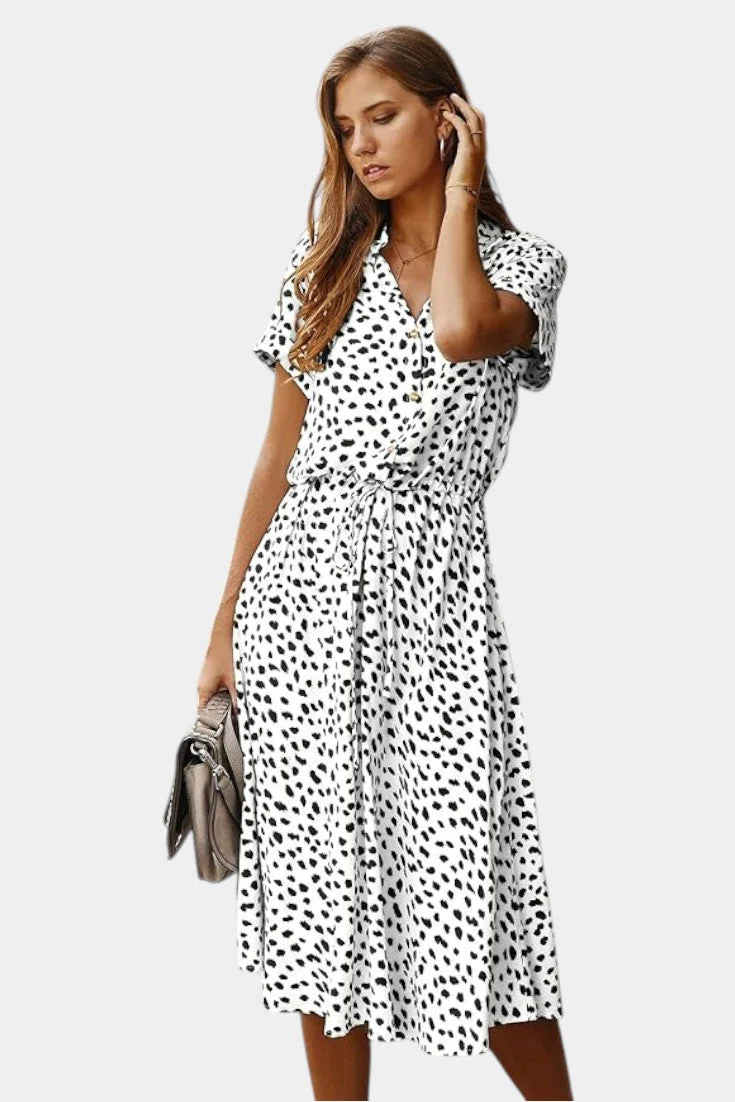 Rovena Vestido Midi de Lunares con Cuello Camisero y Cintura Ajustable - Image 10