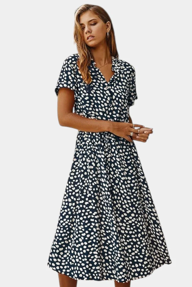 Rovena Vestido Midi de Lunares con Cuello Camisero y Cintura Ajustable - Image 13