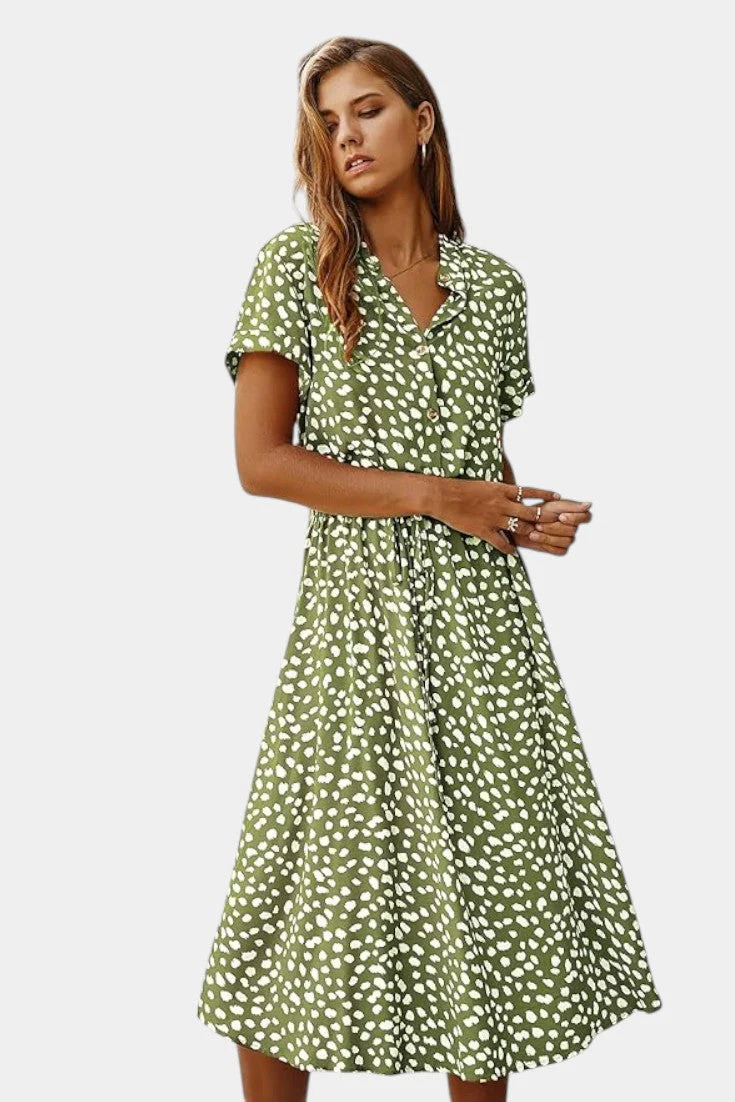 Rovena Vestido Midi de Lunares con Cuello Camisero y Cintura Ajustable - Image 3