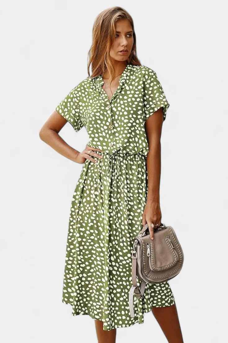 Rovena Vestido Midi de Lunares con Cuello Camisero y Cintura Ajustable - Image 4