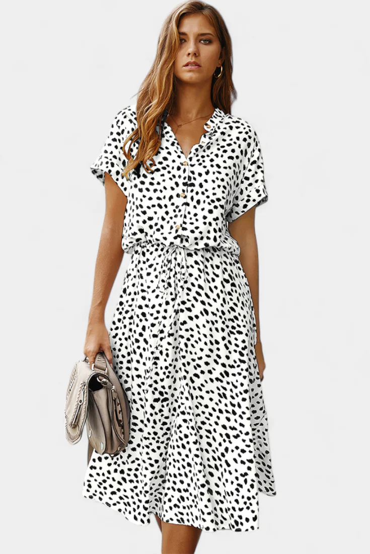 Rovena Vestido Midi de Lunares con Cuello Camisero y Cintura Ajustable - Image 9