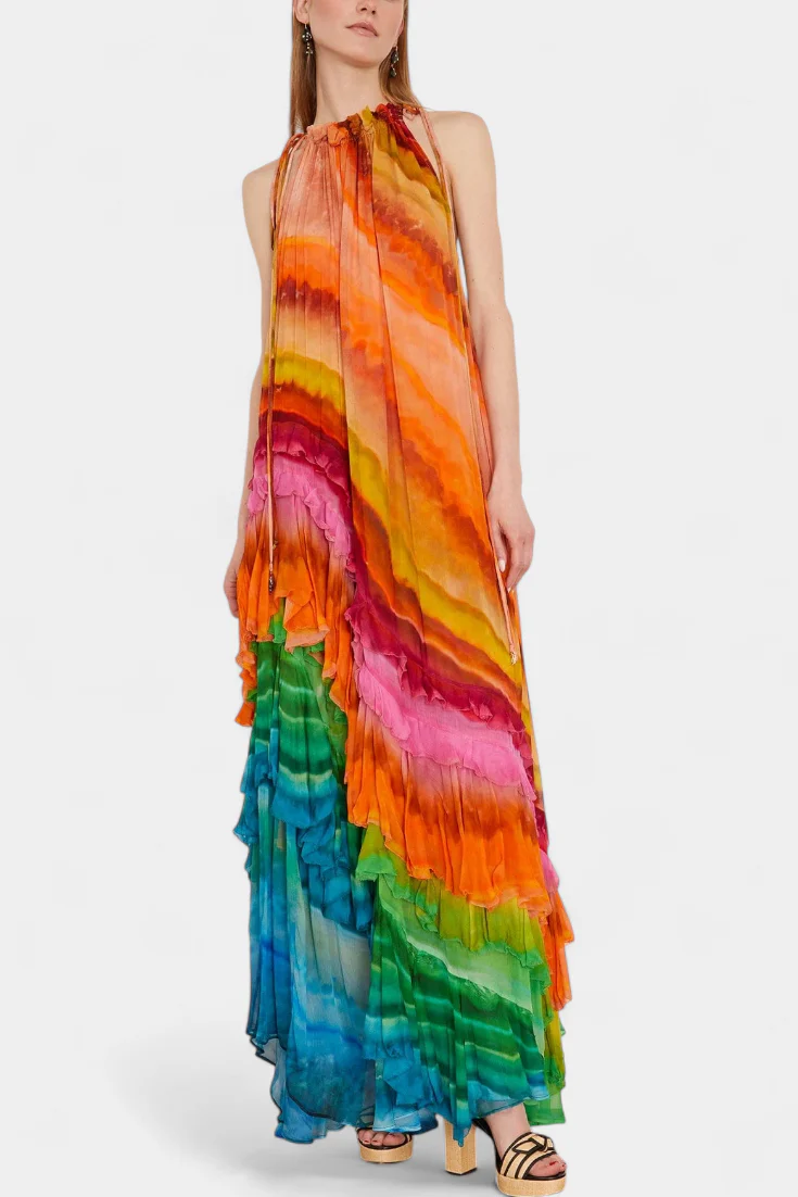 Tori Vestido con Volantes y Estampado Multicolor
