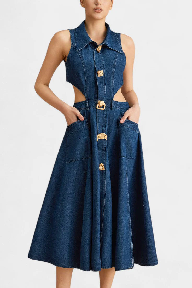 Alia Vestido de mezclilla sin mangas con corte - Image 2