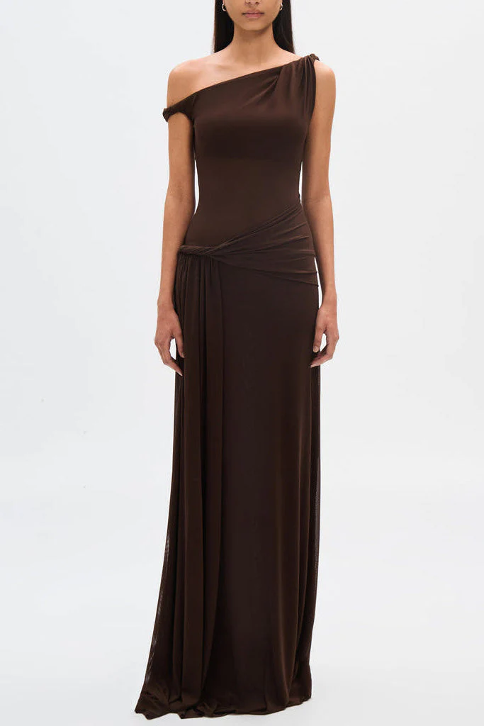 Eranda Vestido Maxi de Malla Drapada Off-Shoulder