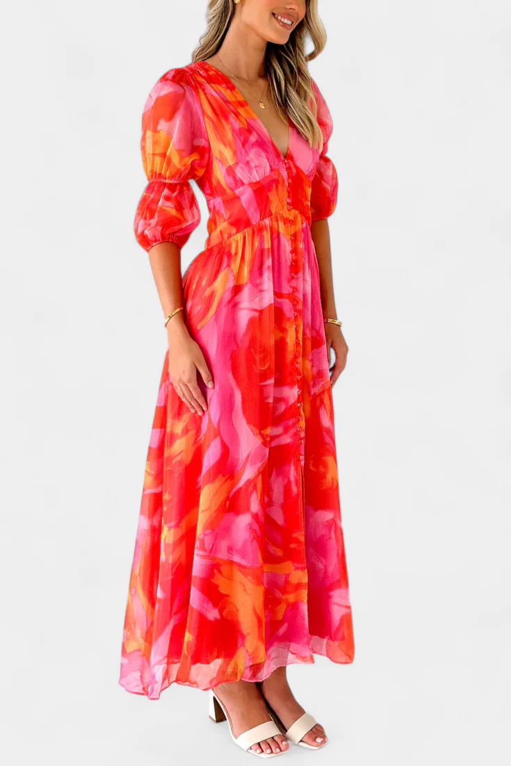 Essja Vestido Maxi de Manga Abullonada con Escote en V - Image 3