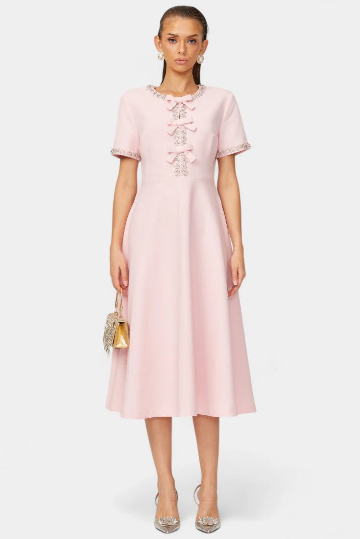 Linda Vestido Midi Acampanado con Lazo de Cristal