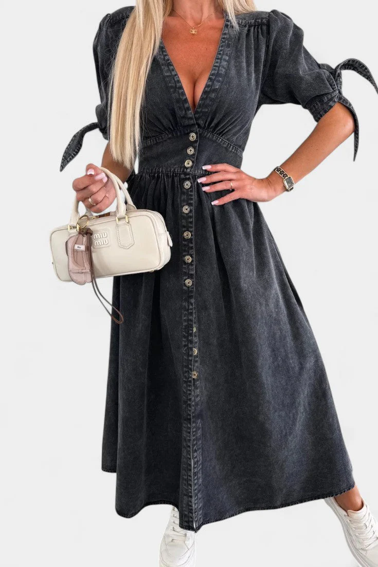 Adelina Vestido Midi de Denim con Botones y Escote en V - Image 5