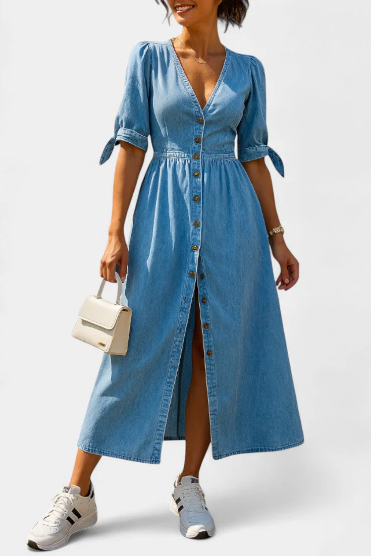 Adelina Vestido Midi de Denim con Botones y Escote en V - Image 7