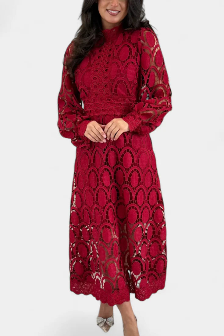 Jovie Vestido Midi de Encaje Bordado con Cuello Alto - Image 10