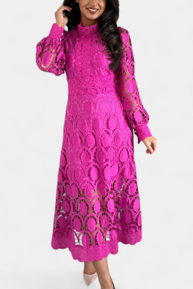 Jovie Vestido Midi de Encaje Bordado con Cuello Alto - Image 11