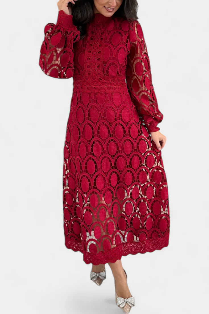 Jovie Vestido Midi de Encaje Bordado con Cuello Alto - Image 13