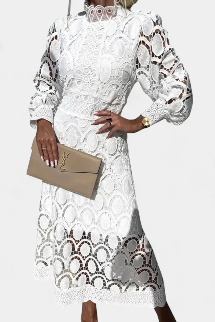 Jovie Vestido Midi de Encaje Bordado con Cuello Alto - Image 14