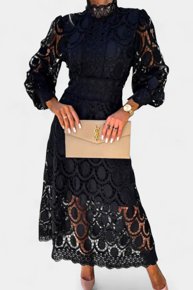 Jovie Vestido Midi de Encaje Bordado con Cuello Alto - Image 15